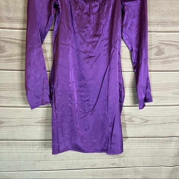 Zara Gathered Satin Mini Long Sleeve Mini Dress in Purple - Picture 11 of 14